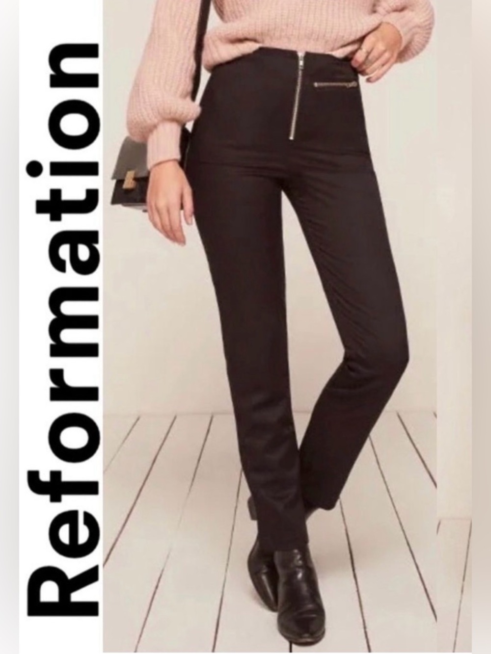 Reformation Braydon Exposed Zipper High Waisted Pant in Black Size 0 Work Office